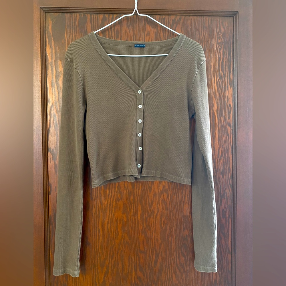 Women’s Brandy Melville brown knit, ribbed, button cardigan. One size. Cotton.